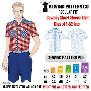 Patrón de costura de camisa de manga corta de vaquero PDF (tamaño US34-42, EU44-52)-Patrón de camisa occidental para hombres