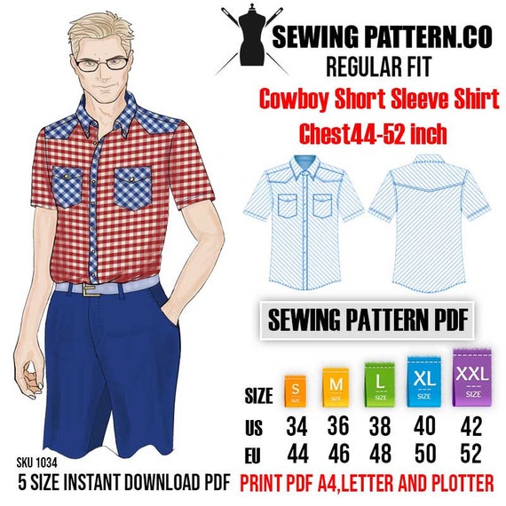 Cowboy Short Sleeve Shirt Sewing Pattern Pdfsize - Etsy Canada 百貨店の販売 shirt pattern sleeve short