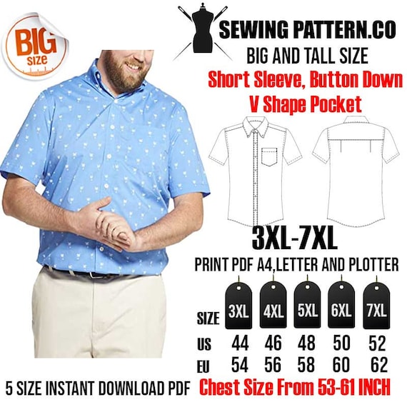 Buy Big and Tall Short Sleeve Dress Shirt Sewing Pattern PDF size