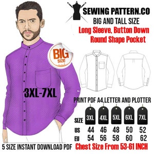 Big And Tall Mandarin Collar Long Sleeve Dress Shirt Sewing Pattern PDF (Size US44-52,EU54-62) CHEST 53-61