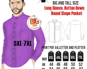 Big And Tall Mandarin Collar Long Sleeve Dress Shirt Sewing Pattern PDF (Size US44-52,EU54-62) CHEST 53-61