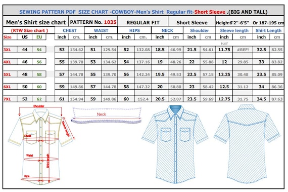 Big and Tall Cowboy Shirt Sewing Pattern PDF (size US44-52 Big and Tall Cowboy Shirt Sewing Pattern PDF (size US44-52