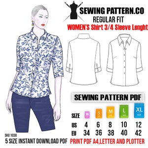 Women's Shirt with 3 quarter sleeve length sewing pattern (PDF)