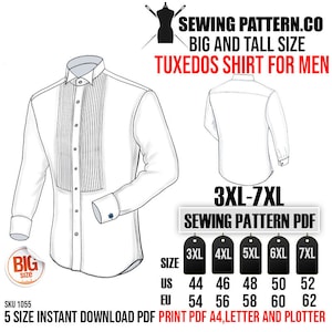 Big and tall tuxedo shirt for men. Sewing Pattern PDF.  (Size 3XL-7XL) Chest 52-60 Inch.