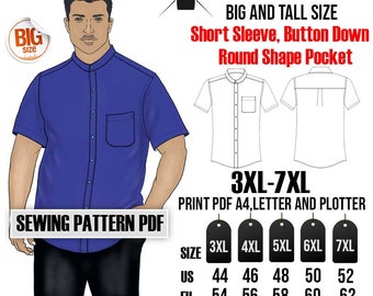 Big And Tall Mandarin Collar Short Sleeve Dress Shirt Sewing Pattern PDF (Size US44-52,EU54-62) CHEST 53-61