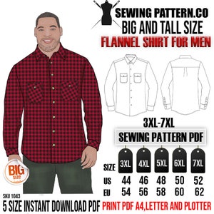 Big and Tall Plaid flannel shirt for men. Sewing pattern PDF. (3XL - 7XL) chest from 53 - 61 inches.