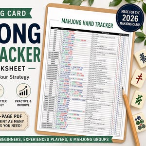 May include: A printable Mahjong Hand Tracker worksheet for the 2026 Mahjong Card. The design includes the text "Mahjong Hand Tracker" and icons for tracking hands, comparing options, building strategy, and improving. Includes a 1-page PDF.