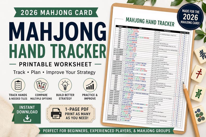 K&ouml;nnte beinhalten: Ein druckbares Mahjong Hand Tracker Arbeitsblatt f&uuml;r die 2026 Mahjong Card. Das Design enth&auml;lt den Text "Mahjong Hand Tracker" und Symbole zum Verfolgen von H&auml;nden, Vergleichen von Optionen, Aufbau von Strategien und Verbesserung. Enth&auml;lt ein 1-seitiges PDF.