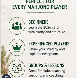 K&ouml;nnte beinhalten: Eine Grafik mit dem Text "PERFECT FOR EVERY MAHJONG PLAYER". Die Grafik enth&auml;lt drei kreisf&ouml;rmige Symbole mit Text: "BEGINNERS", "EXPERIENCED PLAYERS" und "GROUPS & LESSONS". Die Zahl "5" befindet sich in einem Kreis unten links.