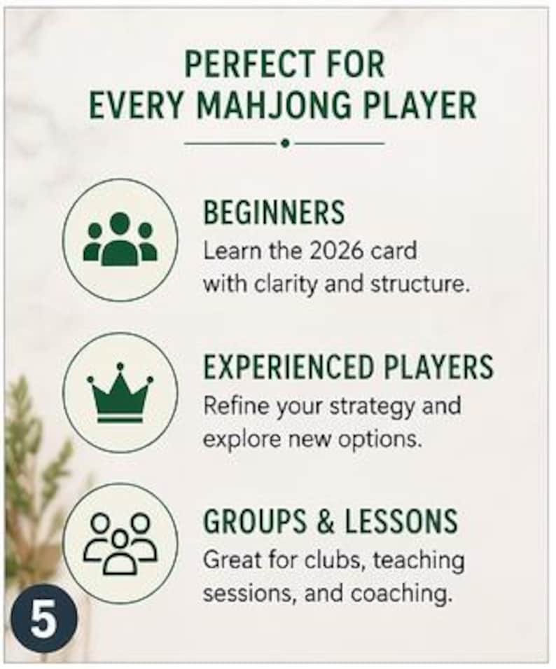 K&ouml;nnte beinhalten: Eine Grafik mit dem Text "PERFECT FOR EVERY MAHJONG PLAYER". Die Grafik enth&auml;lt drei kreisf&ouml;rmige Symbole mit Text: "BEGINNERS", "EXPERIENCED PLAYERS" und "GROUPS & LESSONS". Die Zahl "5" befindet sich in einem Kreis unten links.
