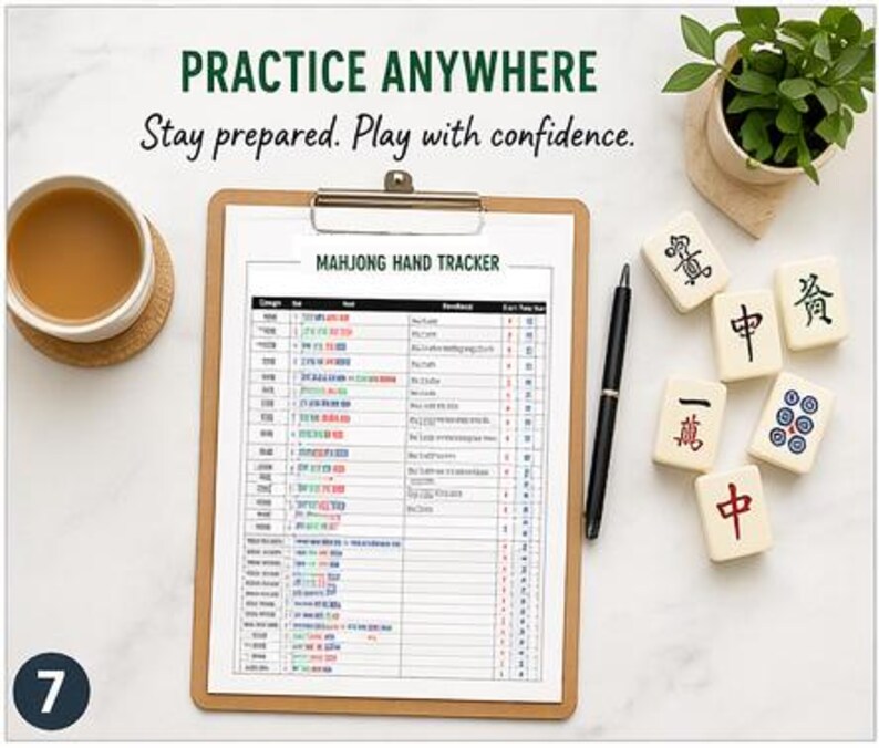 K&ouml;nnte beinhalten: Ein Klemmbrett mit einem Mahjong-Hand-Tracker-Blatt, einem schwarzen Stift und mehreren Mahjong-Steinen ist auf einer wei&szlig;en Oberfl&auml;che angeordnet. Der Text "PRACTICE ANYWHERE" und "Stay prepared. Play with confidence." stehen oben.