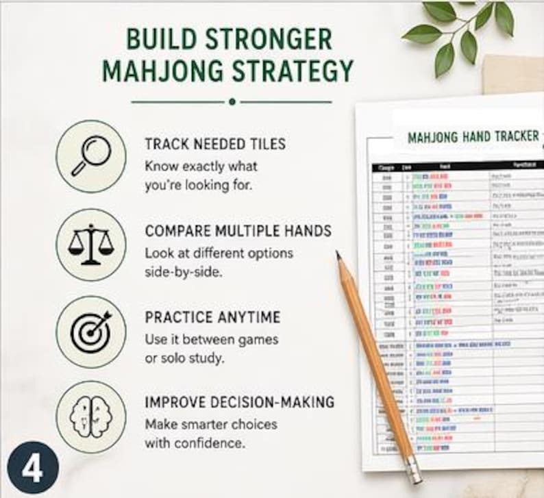 K&ouml;nnte beinhalten: Ein Bild zur F&ouml;rderung der Mahjong-Strategie mit Text und Symbolen. Der Text lautet &bdquo;BUILD STRONGER MAHJONG STRATEGY&ldquo; mit Aufz&auml;hlungspunkten zur Verbesserung der F&auml;higkeiten. Ein Bleistift und ein Mahjong Hand Tracker-Blatt sind ebenfalls sichtbar. Die Grafik enth&auml;lt Symbole zum Verfolgen von Kacheln, zum Vergleichen von H&auml;nden, zum &Uuml;ben und zur Verbesserung der Entscheidungsfindung.