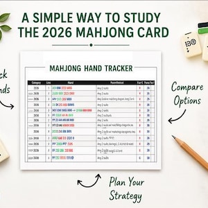 K&ouml;nnte beinhalten: Ein wei&szlig;es "MAHJONG HAND TRACKER" Blatt mit dem Text "A SIMPLE WAY TO STUDY THE 2026 MAHJONG CARD". Das Blatt enth&auml;lt eine Tabelle mit Spalten f&uuml;r Kategorie, Zeile, Hand und Punkte. Mahjong-Steine und ein Bleistift sind ebenfalls sichtbar.