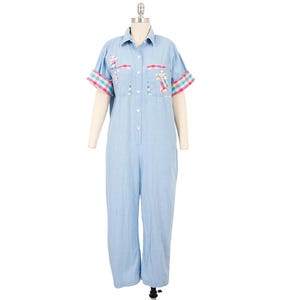 vintage 90s kurzarm hellblauer jeans-jumpsuit größe M