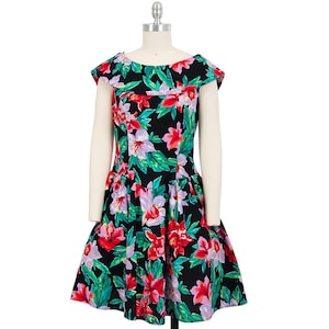 vintage jaren 80 zwarte en gebloemde boothals feestjurk met pofrok maat 9