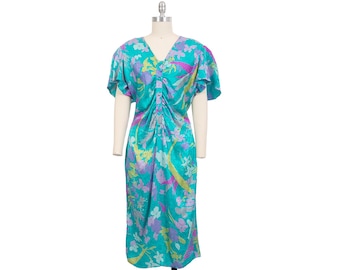 vintage 80s flora kung silk blue floral flutter sleeve quarter button dress size 10