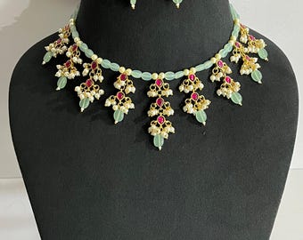 Collana Kundan Meena fatta a mano // Choker Meenakari Kundan con orecchini // Gioielli con pendente Monalisa // Collana Rajwada // Collana da sposa