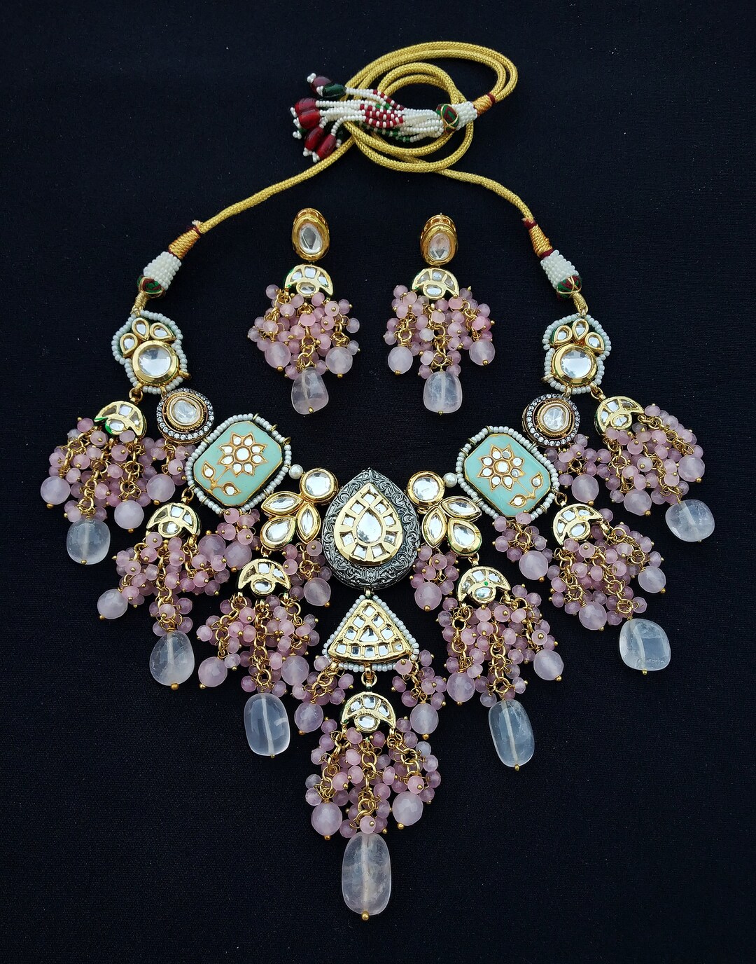 Pearl Beads Long Necklace Set Hand Painting Pearl Necklace Set Multi Color Set Royal Indian