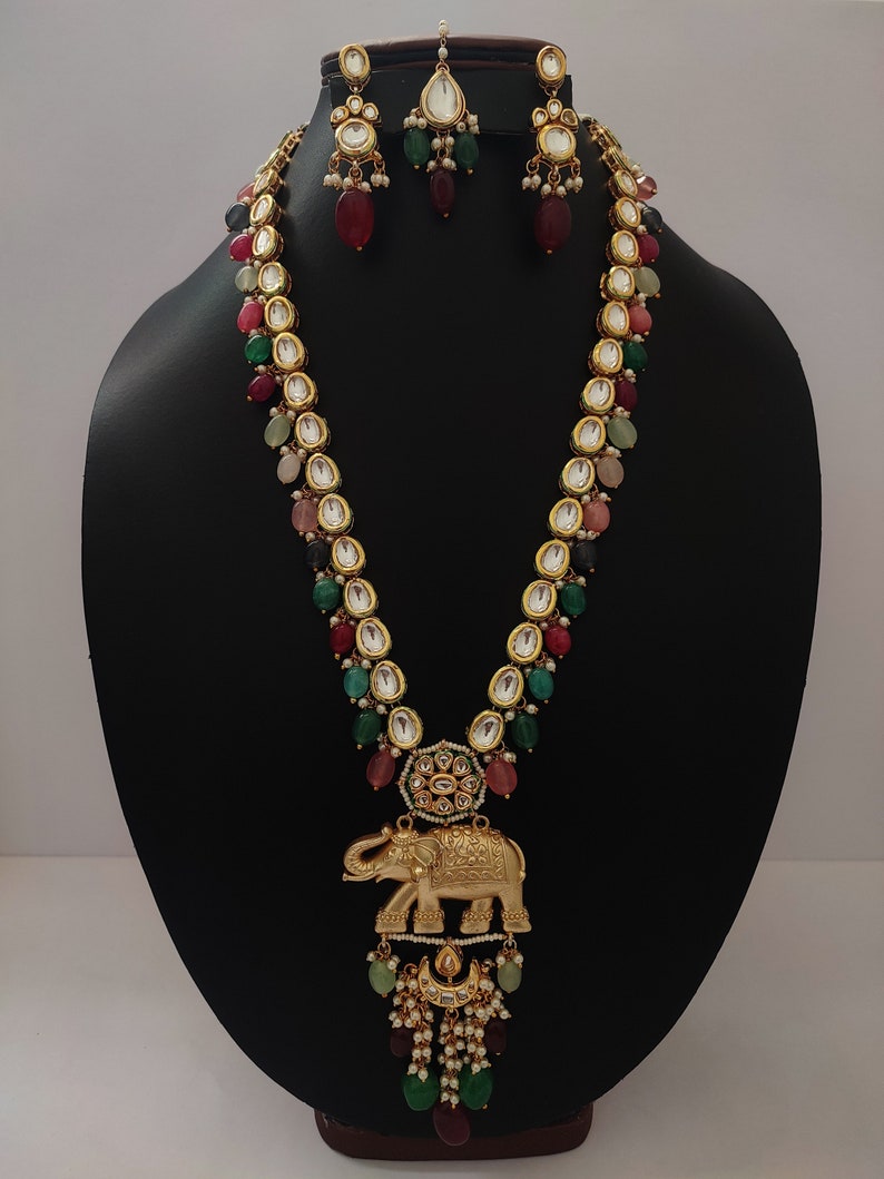Set di collane Kundan di alta qualità // Set di ciondoli con design a forma di elefante // Set di collane con perline pendenti // Ciondoli da festa // Gioielli fatti a mano immagine 5