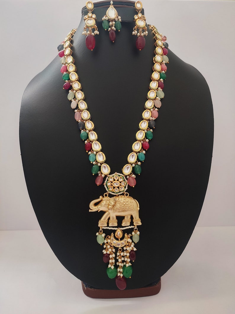 Set di collane Kundan di alta qualità // Set di ciondoli con design a forma di elefante // Set di collane con perline pendenti // Ciondoli da festa // Gioielli fatti a mano immagine 2