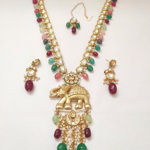 Set di collane Kundan di alta qualità // Set di ciondoli con design a forma di elefante // Set di collane con perline pendenti // Ciondoli da festa // Gioielli fatti a mano immagine 6