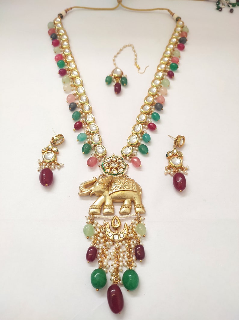 Set di collane Kundan di alta qualità // Set di ciondoli con design a forma di elefante // Set di collane con perline pendenti // Ciondoli da festa // Gioielli fatti a mano immagine 6