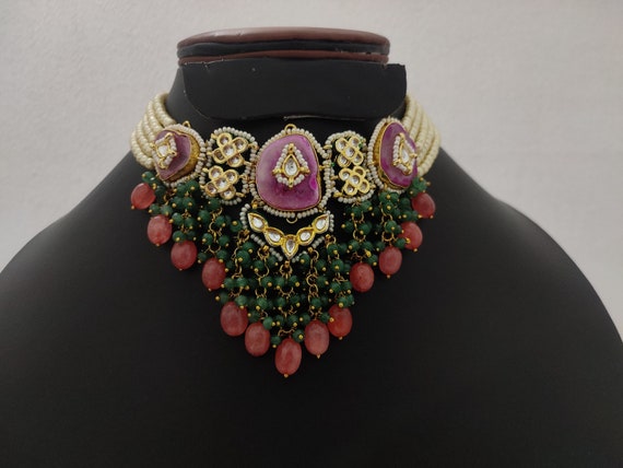 Choker Necklace Set for women & girls, Party wear multi stone & pearl  beaded Round chokar