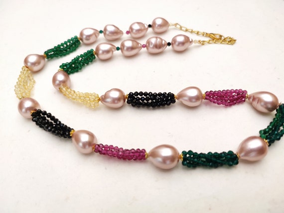Multi Color Onyx Beads Mala || Pearl Drop Mala || Green Beads Long Victorian Necklace || Indian Jewelry || Sabyasachi Jewelry