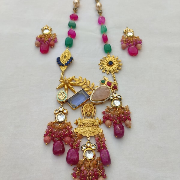 Indian Rani Haar Kundan Gold Plated Wedding Jewelry Meenakari Necklace Set Long Necklace Onex  Mala Designer Bridal Jewelry Set