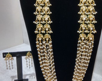 Set di collana lunga di perle Kundan / Gioielli da sposa indiani / Collana di perle multistrato in oro con orecchini / Gioielli etnici tradizionali per matrimoni