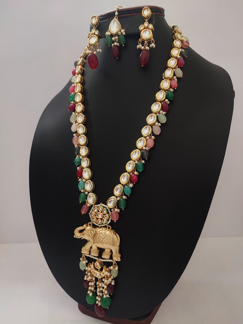 Set di collane Kundan di alta qualità // Set di ciondoli con design a forma di elefante // Set di collane con perline pendenti // Ciondoli da festa // Gioielli fatti a mano immagine 4