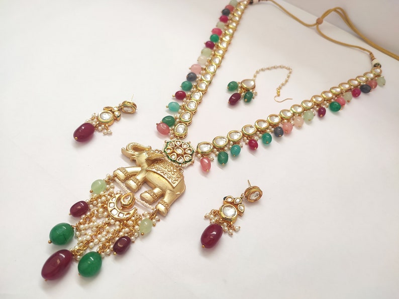 Set di collane Kundan di alta qualità // Set di ciondoli con design a forma di elefante // Set di collane con perline pendenti // Ciondoli da festa // Gioielli fatti a mano immagine 1