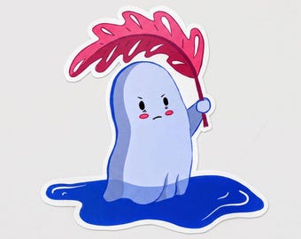 Grumpy Ghost Sticker | Cute Rainy Day Leaf Umbrella Art
