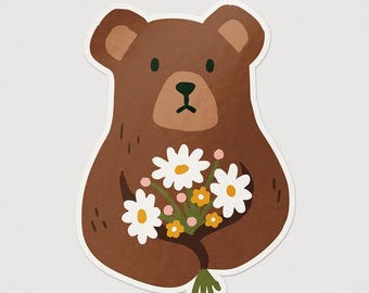 Flower Bear Sticker | Cute Hand-Illustrated Animal Art | Waterproof Vinyl