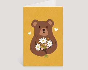 Honey Bear with Flowers Greeting Card | Hand-Illustrated Cute Animal Floral Art
