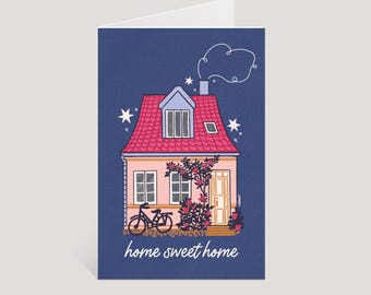 Home Sweet Home Card | Cute Housewarming Whimsical Pink House Art