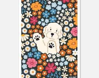 Bright Multicolored Golden Doodle Art Print – Playful Dog & Flowers