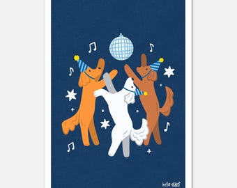 Navy Blue Dancing Disco Dogs Art Print – Playful Nursery & Kids Room Decor