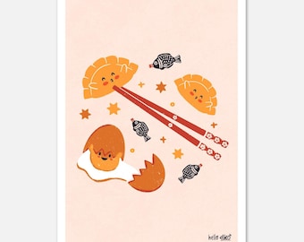 Lámina artística de comida asiática kawaii brillante: pescado con salsa de soja, gyozas y huevo