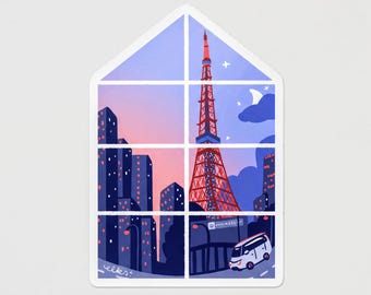 Tokyo Tower Japan Sticker | Hand-illustrated Window View Travel Landscape Art
