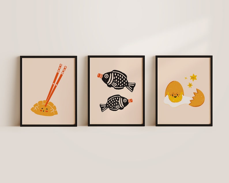 Set of 3 Cute Gyoza, Egg & Soy Sauce Fish Wall Art Digital Art Print