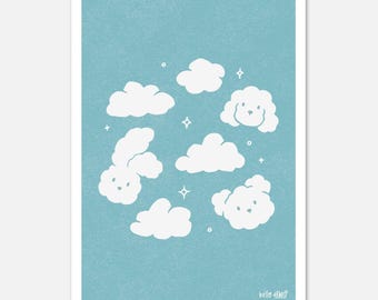 Sky Blue Cloud Animal Art Print: Playful Nursery Decor