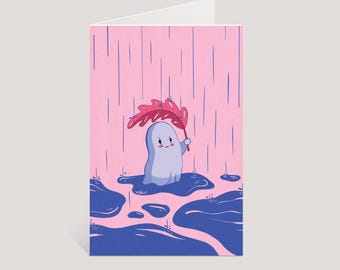 Grumpy Ghost Greeting Card | Cute Pink Blank Illustrated Art Card