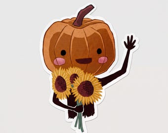 Pumpkin Boy with Sunflowers Sticker | Cute Hand-illustrated Autumn Art