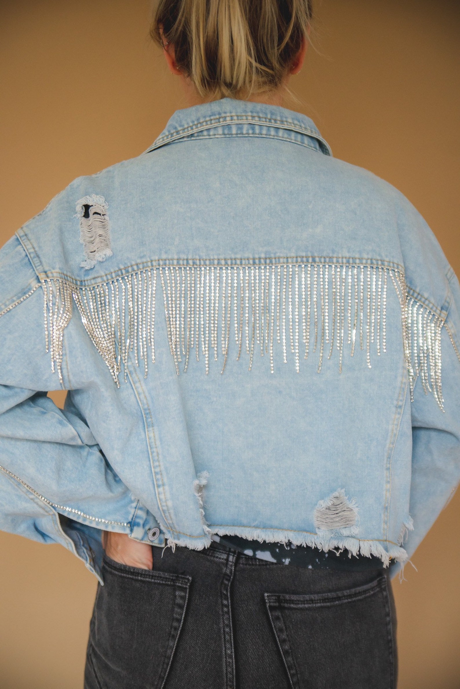 CUSTOMIZABLE Rhinestone fringe denim jacket Etsy