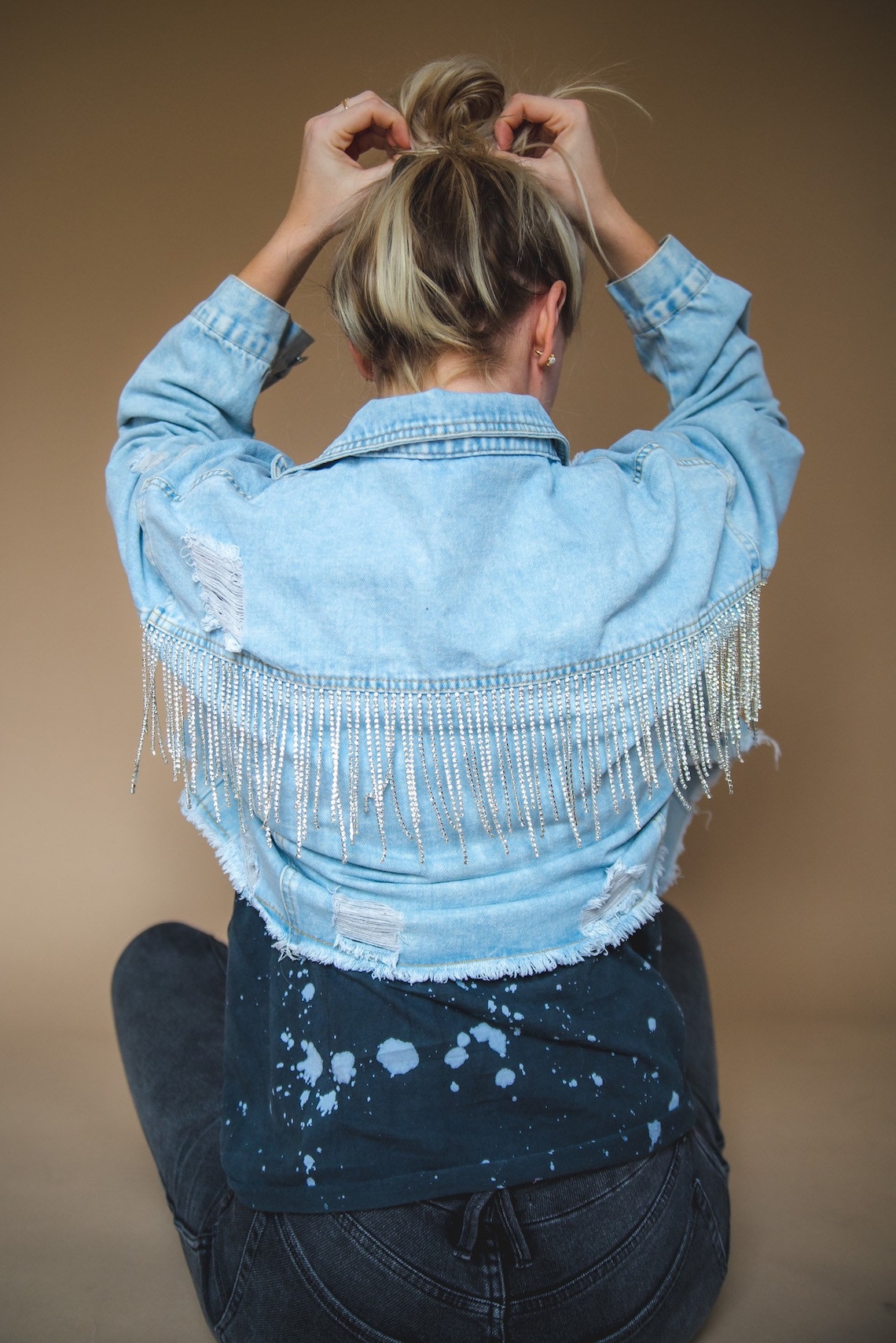CUSTOMIZABLE Rhinestone Fringe Denim Jacket Etsy