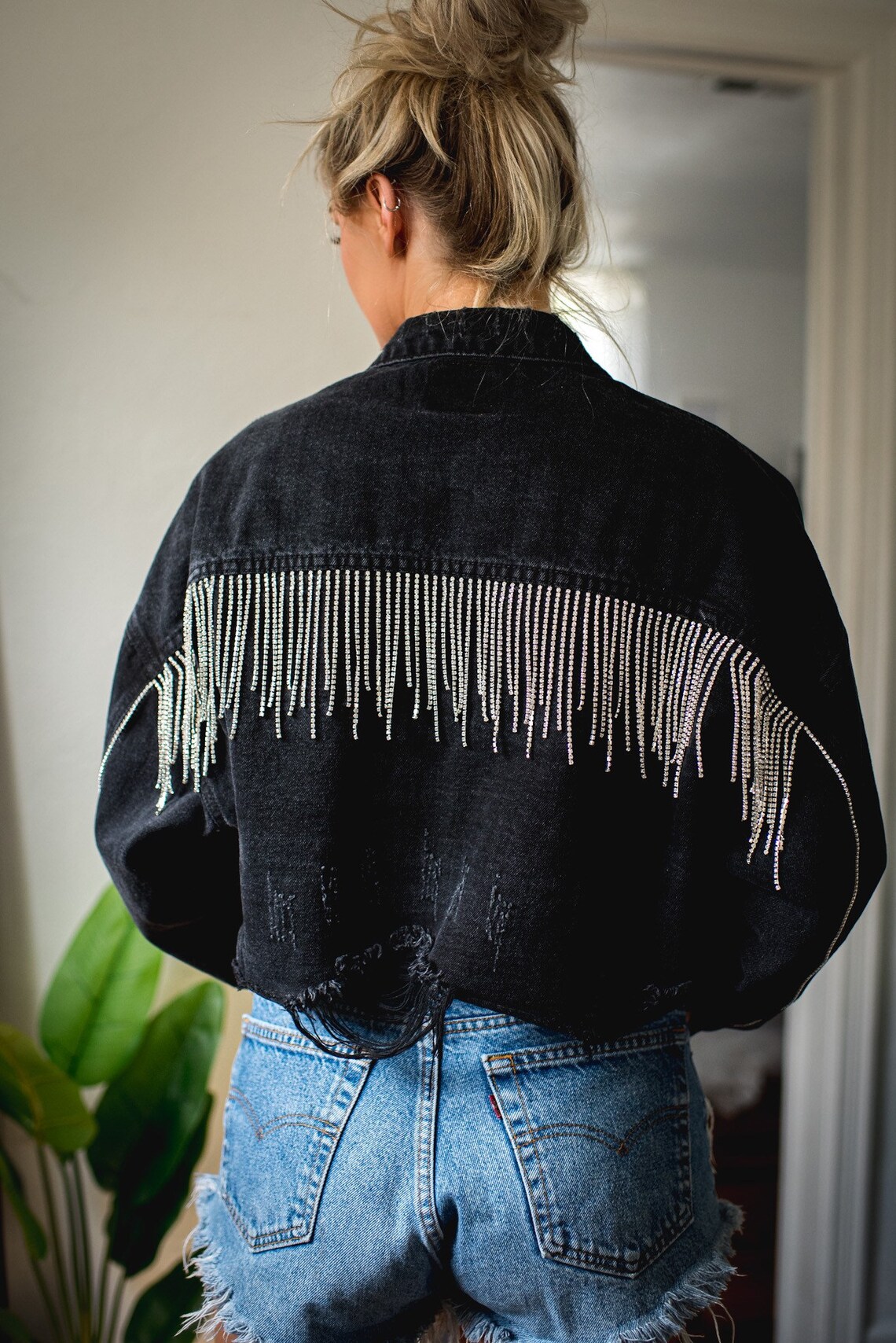 CUSTOMIZABLE Rhinestone Fringe Denim Jacket Etsy
