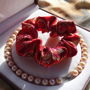 Red Chinese Scrunchie | Satin Brocade Scrunchie | Lunar New Year | Soft Hair Tie | Gifts For Her | Homemade Elastic Scrunchie