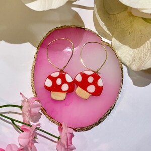 Cute Clay Mushroom Hoop Earrings, Clay Earrings, Earrings, Handmade, Clay Jewelry, Jewelry, Mushroom Earrings, Cute, Cute Earrings