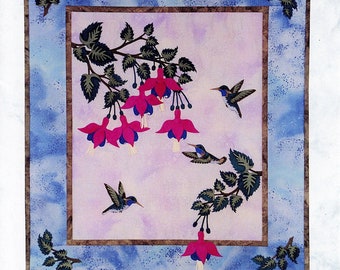 Diseño de colcha colgante de pared Hummingbird Splendor 2000 Patrón de colcha con flores fucsias Descarga instantánea Folleto digital en PDF Patrón electrónico